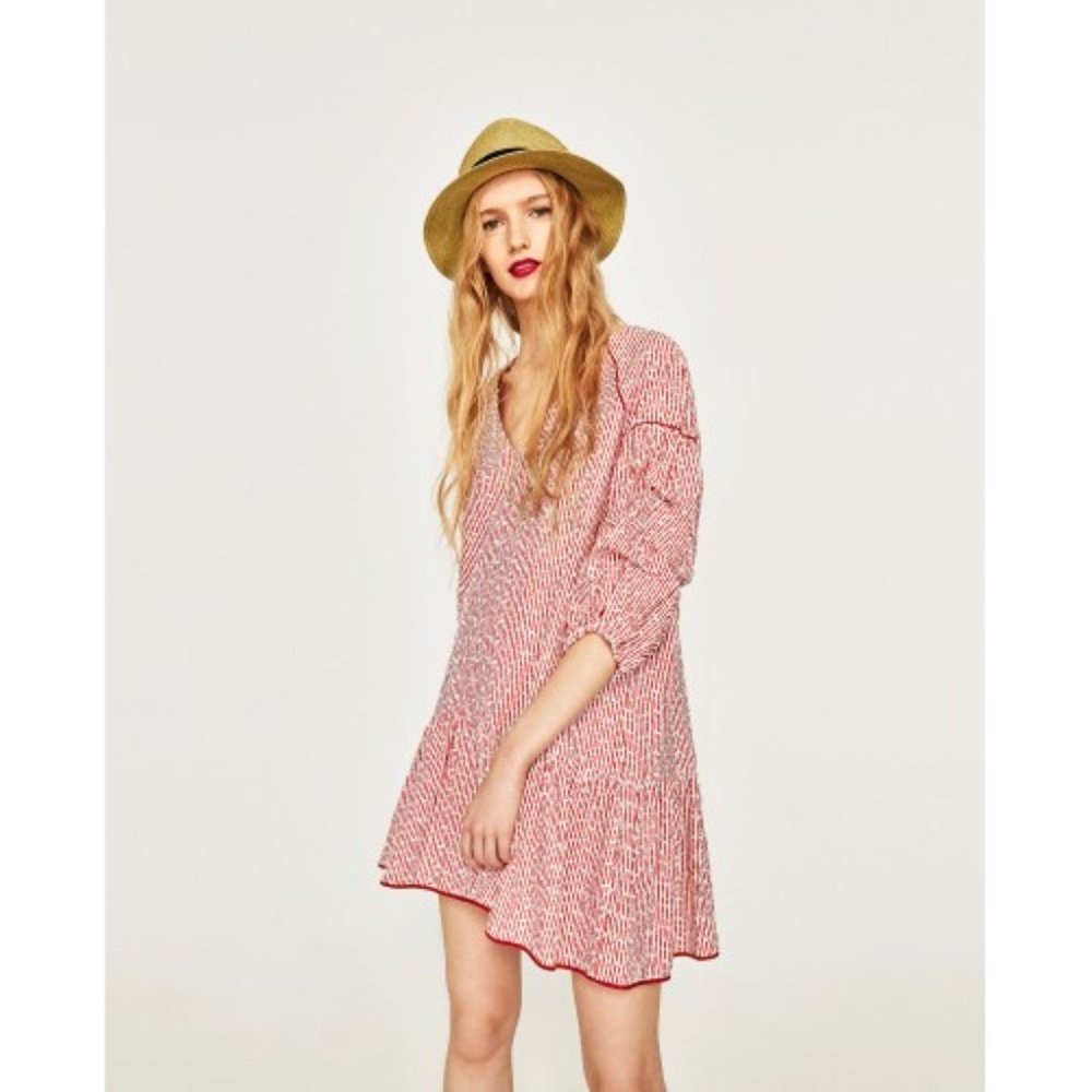 ZARA Embroidered Striped Dress SMALL